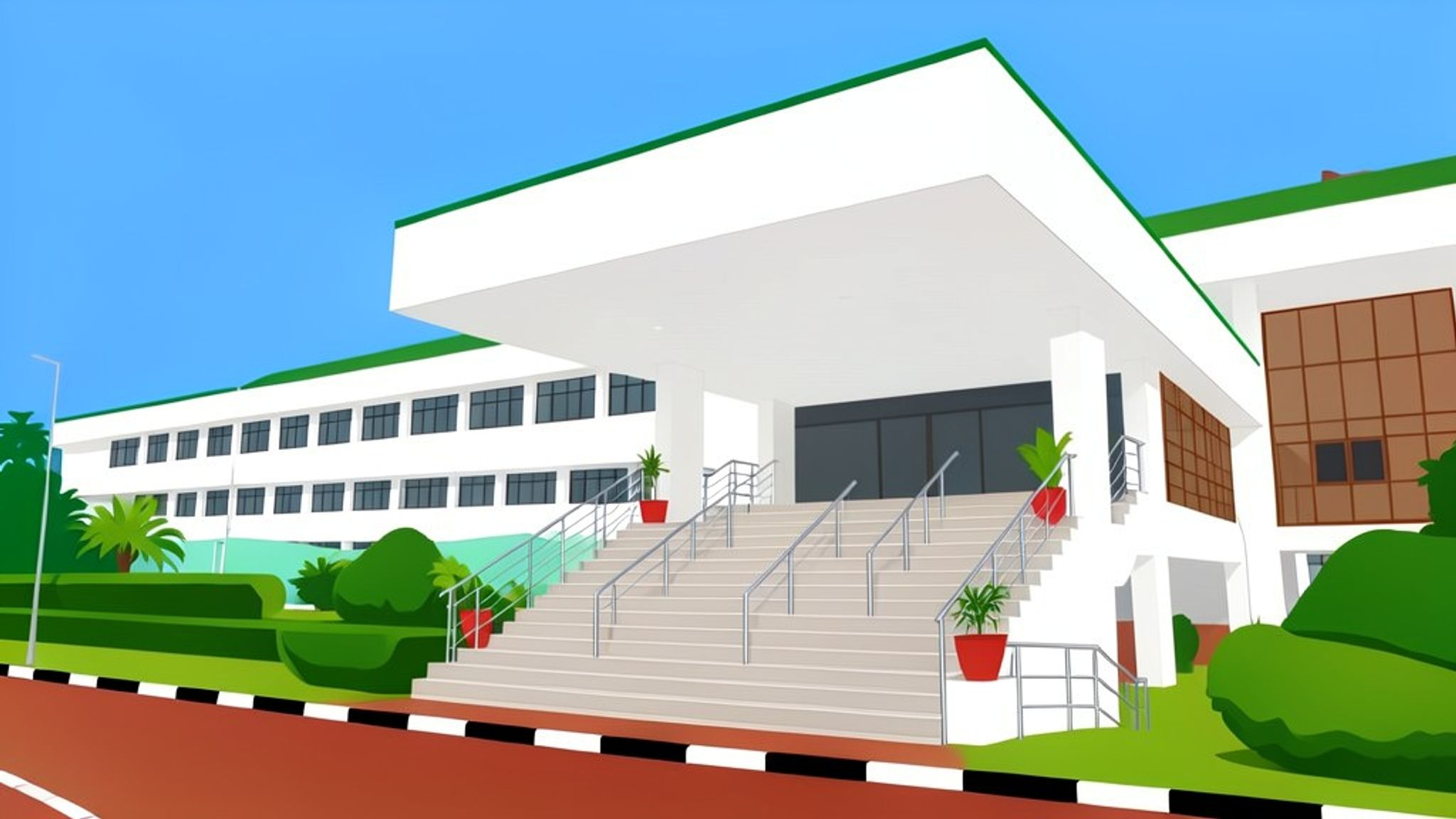 Flat illustration of the Supreme Court of Nigeria: a modern building with a slanted cantilevered entrance canopy, a wide staircase with stainless-steel handrails, landscaped grounds and a brick driveway.