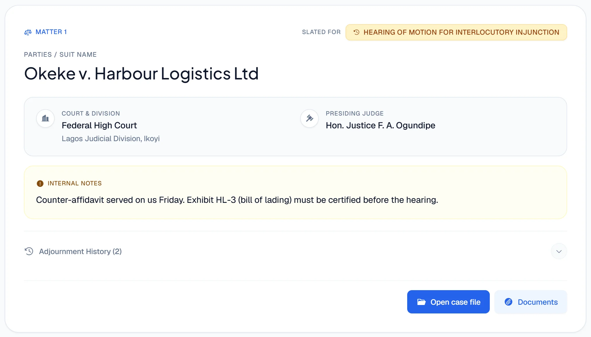 Lawdex matter card for Okeke v. Harbour Logistics Ltd at the Federal High Court, Lagos, with internal notes and adjournment history. Fictional demo data.