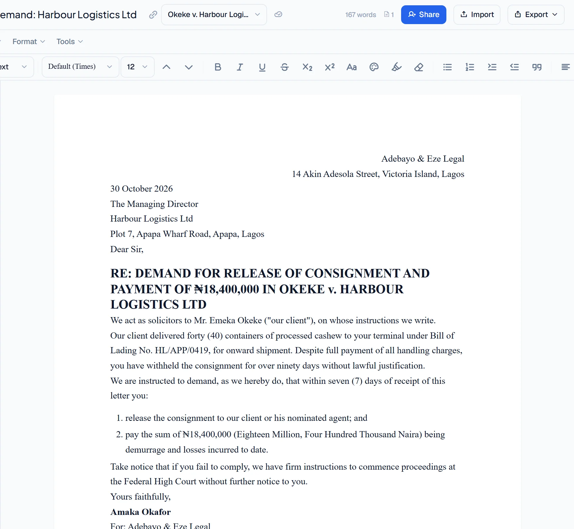 Lawdex document editor: a letter of demand to Harbour Logistics Ltd dated 30 October 2026, linked to its matter. Fictional demo data.